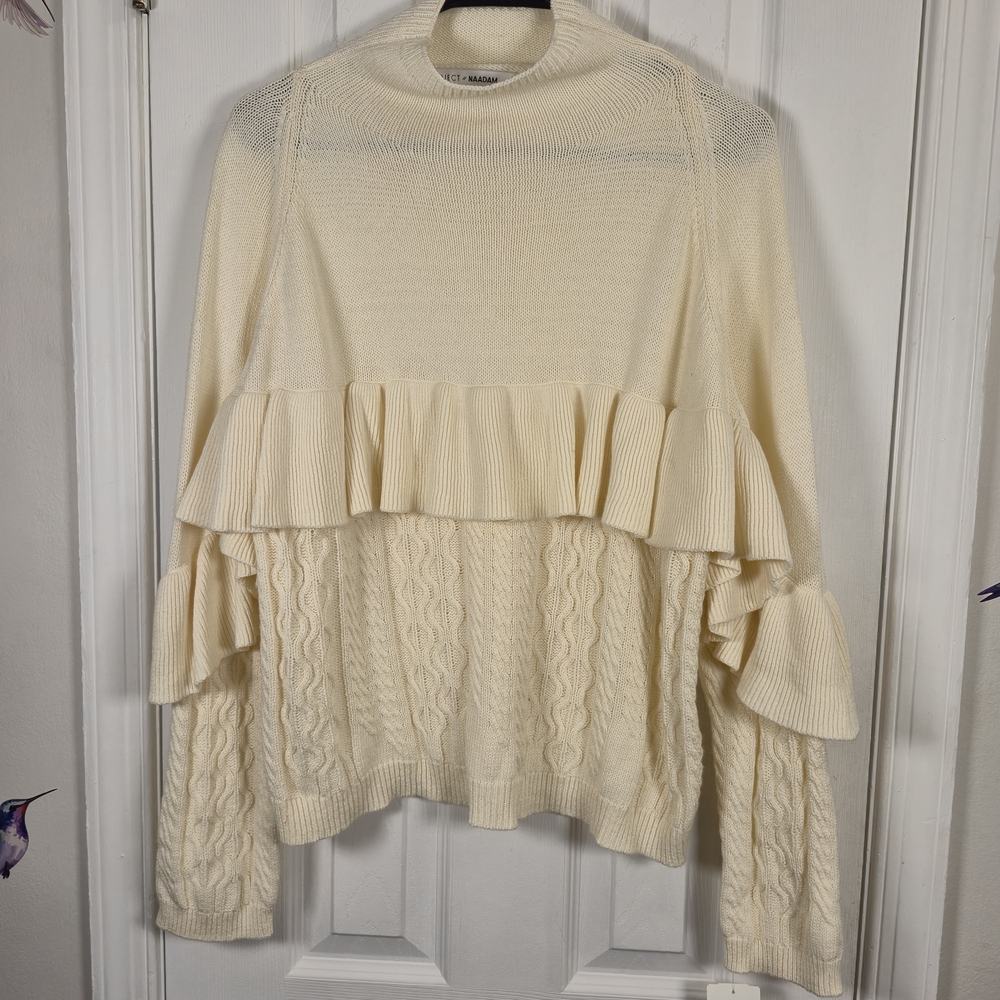 Project Naadam Chunky Cable Knit Ruffle Sweater Ivory Mock Neck Size L